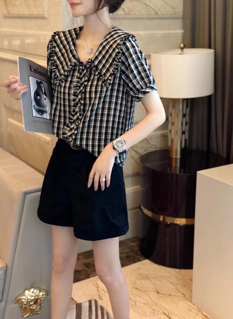 夏季娃娃领黑白格衬衫，女装衬衫，斐媞梦