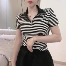 2021欧洲站POLO黑白条纹体身休闲百搭短袖T恤，女装T恤，L·H·X