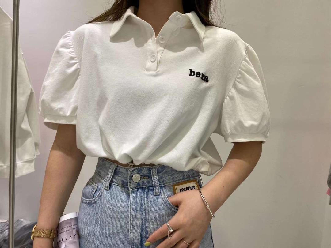 夏季新款短款polo领T恤衫抽绳泡泡袖上衣，女装T恤，BBGG
