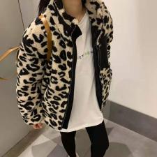 DG836潮牌豹纹立领仿羊羔毛外套，女装，L·H·X