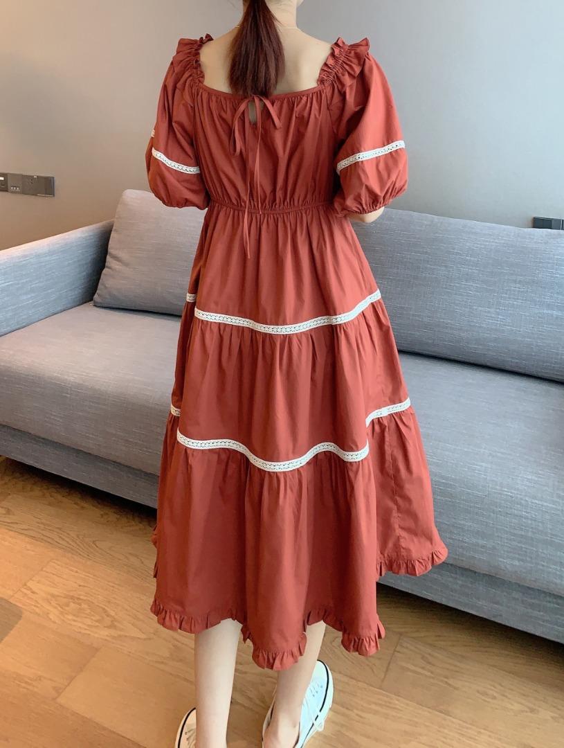 夏季新款复古红泡泡袖法式少女连衣裙，女装连衣裙，水锦红