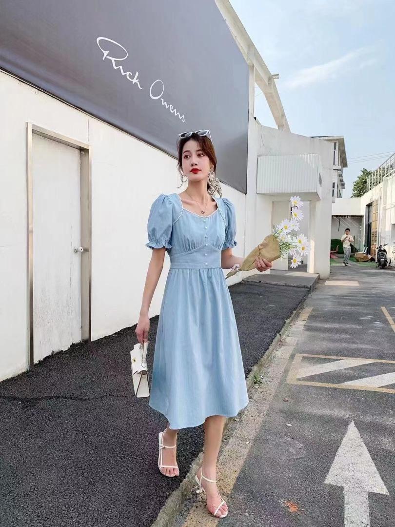 2021年夏季新品牛仔镶珍珠收腰显瘦连衣裙，女装连衣裙，圣伊敏