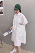 XL9906新款高级感大口袋套头抽褶长款短袖宽松韩版衬衫裙，女装衬衫，L·H·X