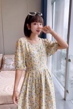 ZCL619夏季新款韩版套头圆领系带法式泡泡袖碎花连衣裙，女装连衣裙，L·H·X