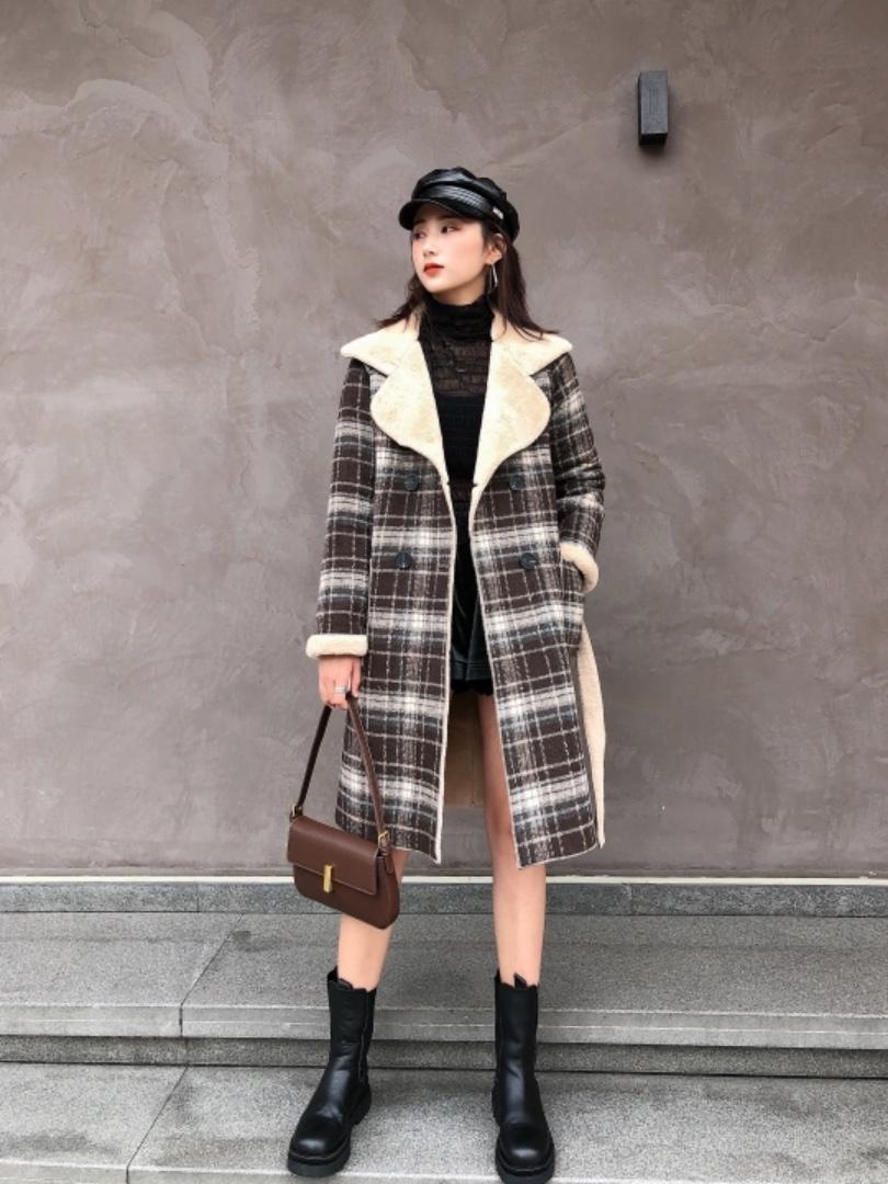 冬季新款皮毛一体外套打底连衣裙，女装连衣裙，紫锦百艳
