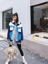 拼接撞色牛仔羊羔毛外套，女装，YOUER DENG