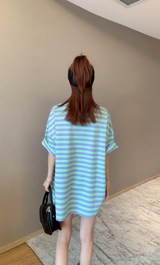 夏季新款条纹抽绳T，女装，萱伊惠紫