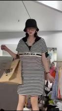 AX9703欧洲站夏装女2021新款欧货休闲宽松条纹织带连衣，女装，L·H·X