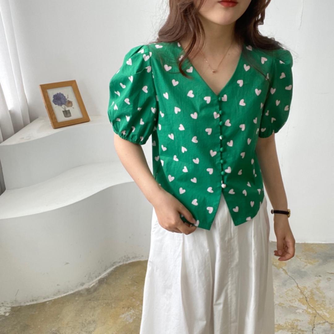 V领泡泡袖上衣，女装，土布鱼