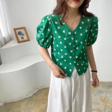V领泡泡袖上衣，女装，土布鱼