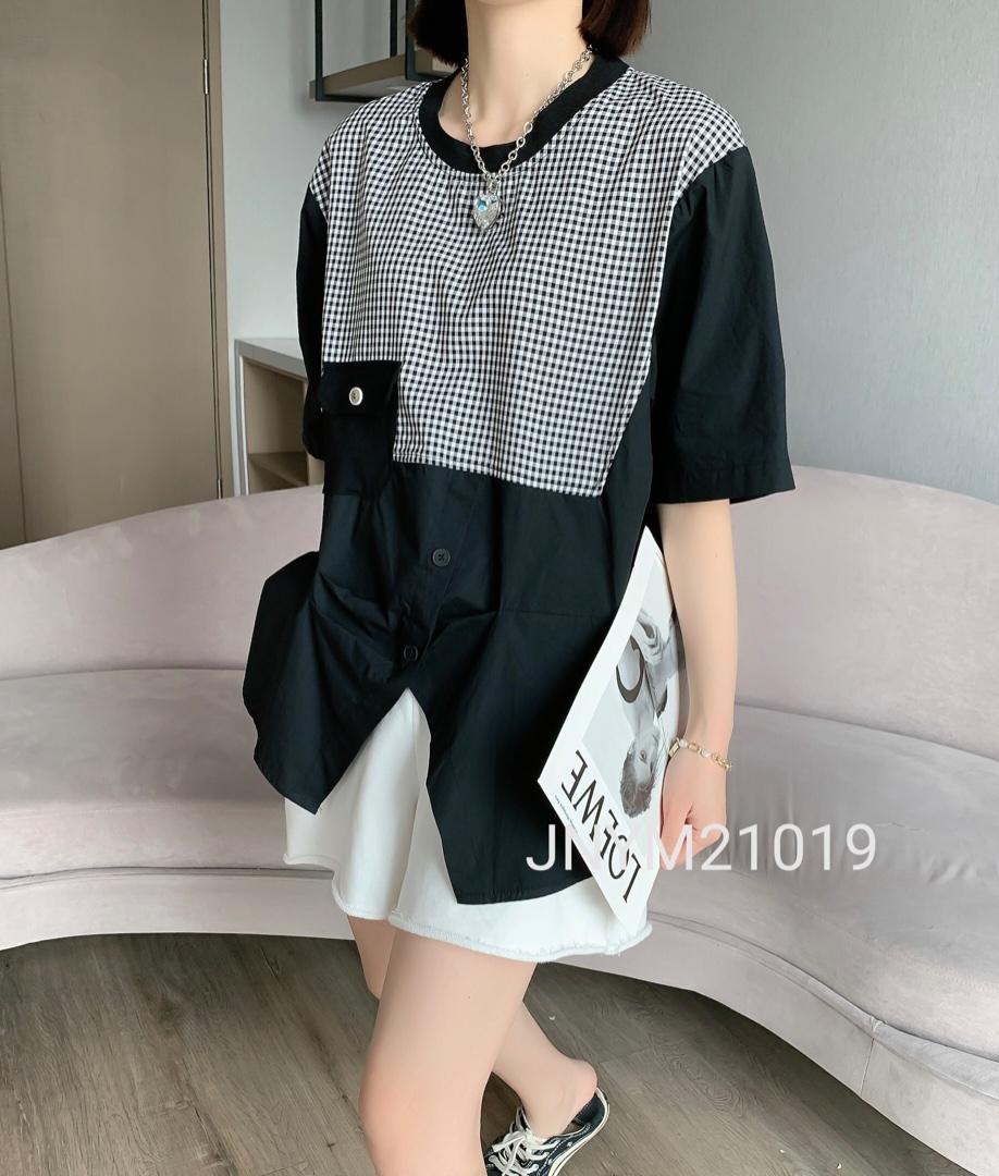 夏季新款、拼格子小衫，女装，简妮依魅