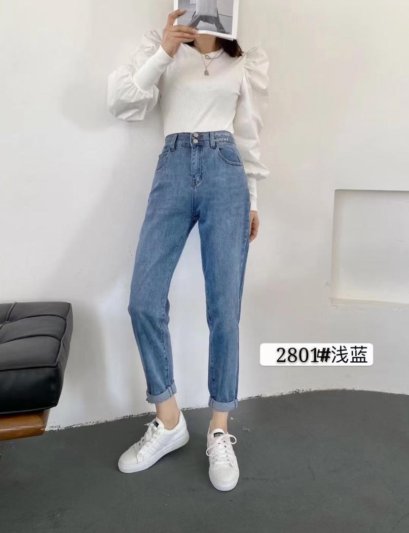 现货字母松紧腰弹力休闲牛仔裤SMLⅪ，女装牛仔裤，简 影