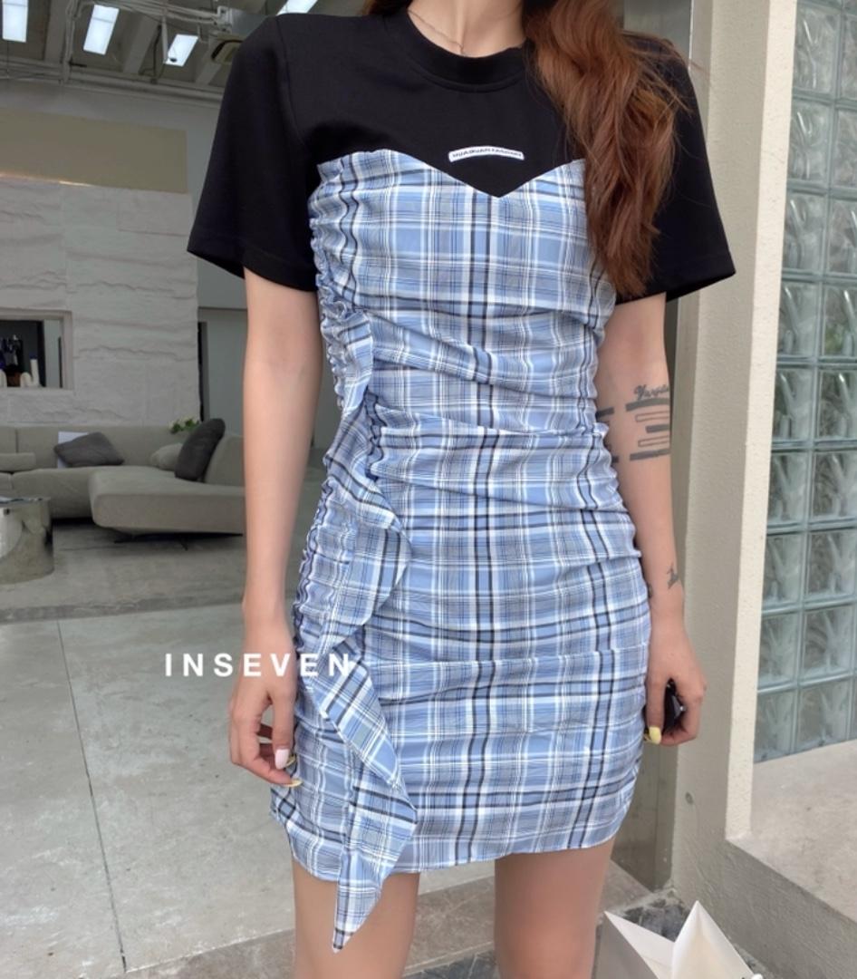 现货夏季新款拼接连衣裙，女装连衣裙，INSEVEN