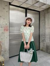 夏季新款刺绣印花绿色少女套裙，女装，水锦红