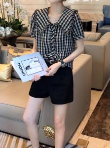 夏季娃娃领黑白格衬衫,女装衬衫,斐媞梦