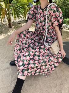 Z2161欧洲站夏季新款2021玫瑰花宽松显瘦气质法式连衣裙,女装连衣裙,L·H·X