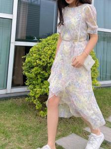 真丝皱雪纺飘逸水印印花显瘦收腰连衣裙,女装连衣裙,欧尼蒂
