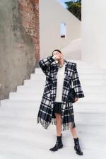 冬季新款黑白大格纹流苏双面呢大衣，女装，AUDREY WANG