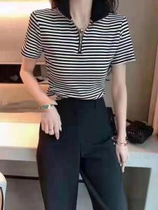 2021欧洲站POLO黑白条纹体身休闲百搭短袖T恤,女装T恤,L·H·X