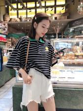 韩版条纹POlO上衣，百搭，女装，一杭