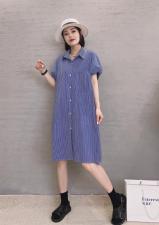 XL9915欧货韩版2021夏装新款翻领泡泡袖抽绳条纹连衣裙，女装连衣裙，L·H·X