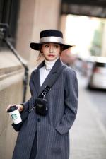 日韩版条纹羊绒大衣明线缝制，女装，Shian