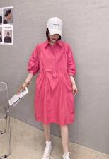 XL9906新款高级感大口袋套头抽褶长款短袖宽松韩版衬衫裙，女装衬衫，L·H·X