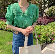 刺绣棉翻领花边衬衣，女装，新袖