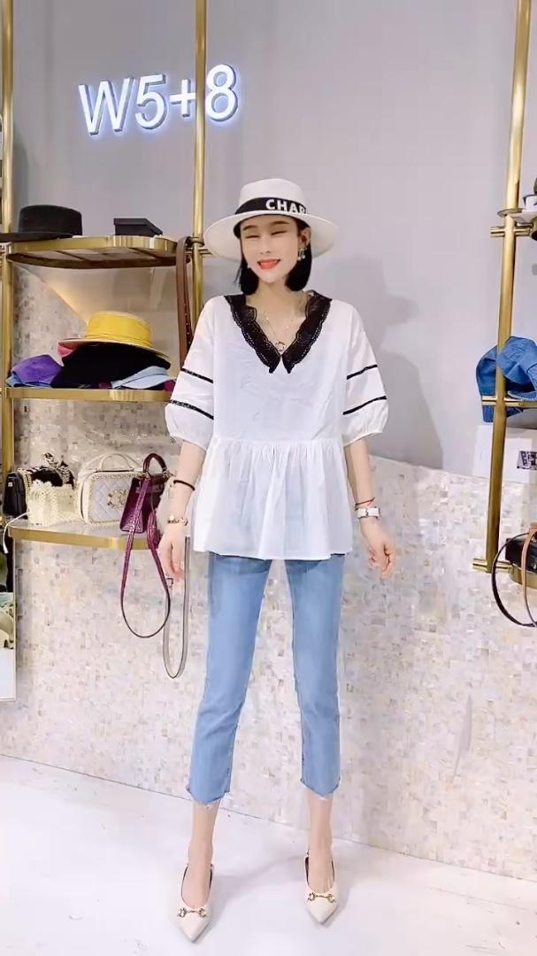 精梳棉拼接蕾丝小衫，女装，姚姚家