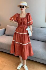 夏季新款 复古红泡泡袖法式少女连衣裙,女装连衣裙,水锦红