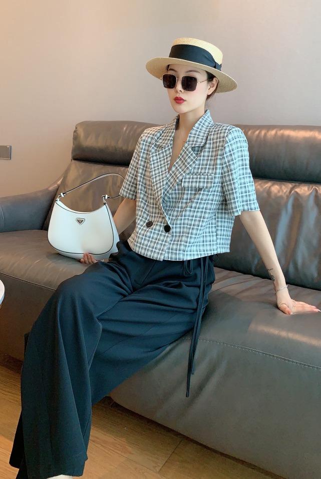 夏季新款欧版潮流格子西装气质套裤，女装西装，水锦红