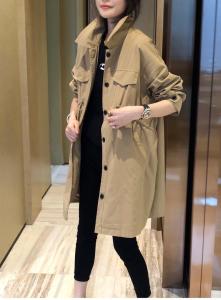 DG863早春新款抽绳松紧腰宽松翻领中长款风衣外套，女装风衣，L·H·X
