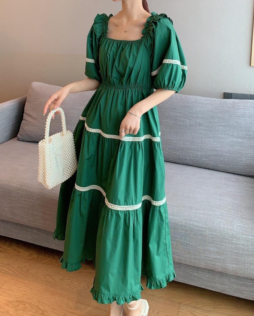 夏季新款复古绿泡泡袖法式少女连衣裙，女装连衣裙，水锦红
