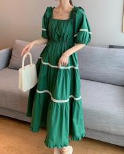 夏季新款复古绿泡泡袖法式少女连衣裙，女装连衣裙，水锦红