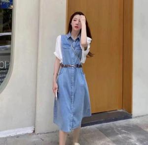 2021新品网红牛仔拼接连衣裙,女装连衣裙,小车家