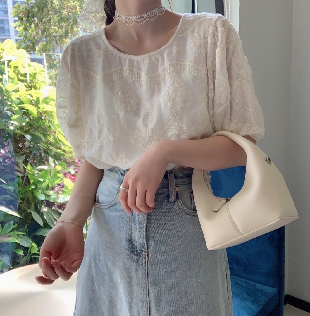 灯笼袖刺绣工艺米花纹上衣，女装，新袖