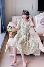 ZCL619夏季新款韩版套头圆领系带法式泡泡袖碎花连衣裙，女装连衣裙，L·H·X