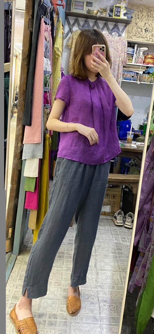 现货一苎麻印花盘扣复古风格，女装，蓝院