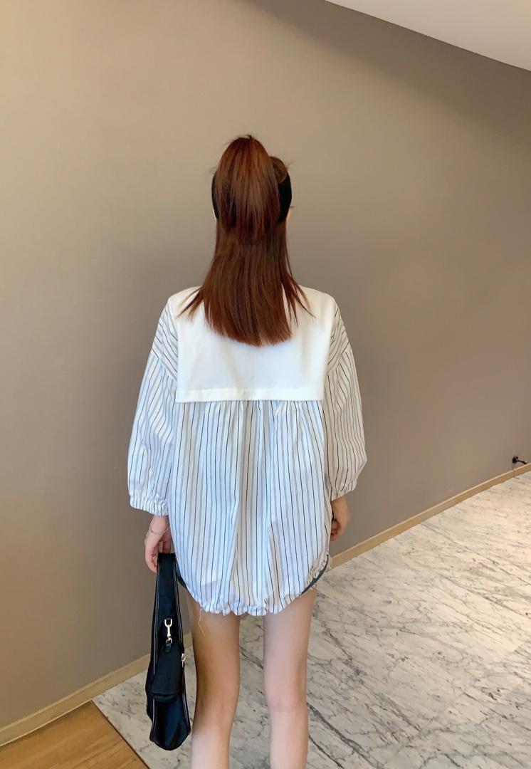 【现货】夏季新款针织衬衫拼接款笑脸刺绣七分袖潮款圆领卫衣，女装衬衫，微迪菲