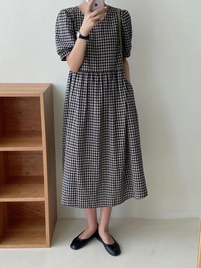 韩版棉麻格子连衣裙，女装连衣裙，素宇 SUYU