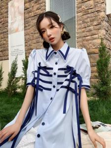 蓝色蝴蝶结衬衣裙,女装,YOUER DENG