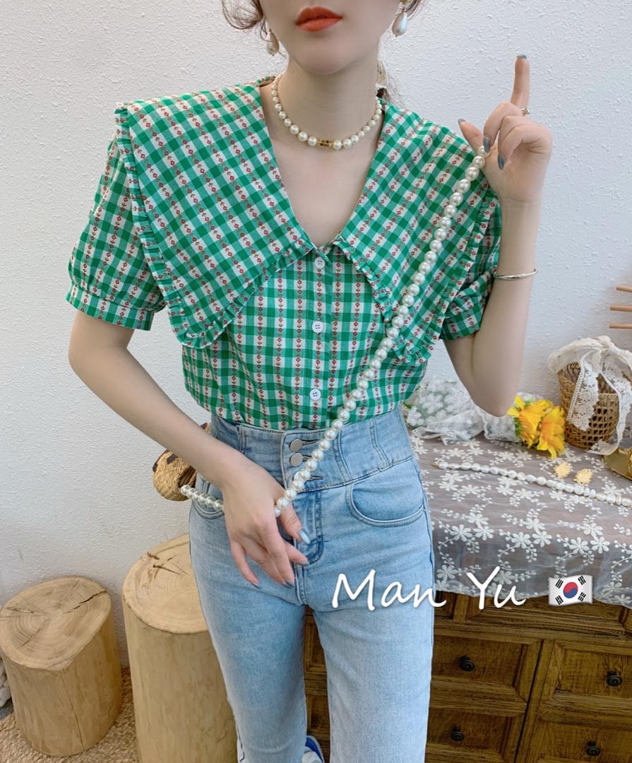夏季新款，格子小衫，女装，MAN YU 蔓羽