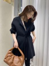 欧洲站潮流圆领吊钟腰带百分百羊毛双面呢大衣，女装，L·H·X