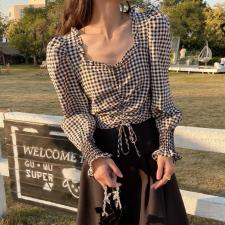 2021初夏款格子衬衫抽绳宫廷袖，女装衬衫，炫女孩