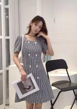 夏季新款小香风千鸟格方领收腰修身显瘦连衣裙,女装连衣裙,秀丽一生