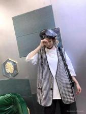 AX9601欧洲站夏季新款宽松BF风短袖T恤+格子马甲两件套，女装T恤，L·H·X
