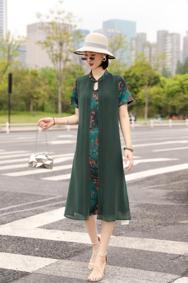 假两件真丝缎连衣裙，女装连衣裙，澳洛菲