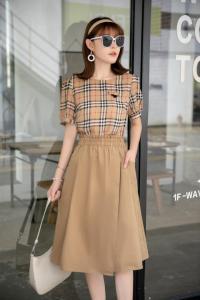 夏季新款 卡其格子休闲淑女套裙,女装,水锦红
