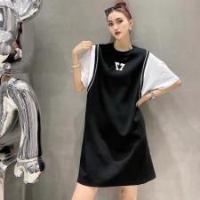 AX9607夏季新款字母印花拼接件两件韩版宽松中长显瘦连衣裙，女装连衣裙，L·H·X