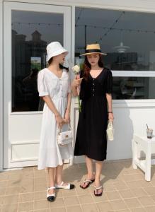 夏季新款V领连衣裙,女装连衣裙,墨初